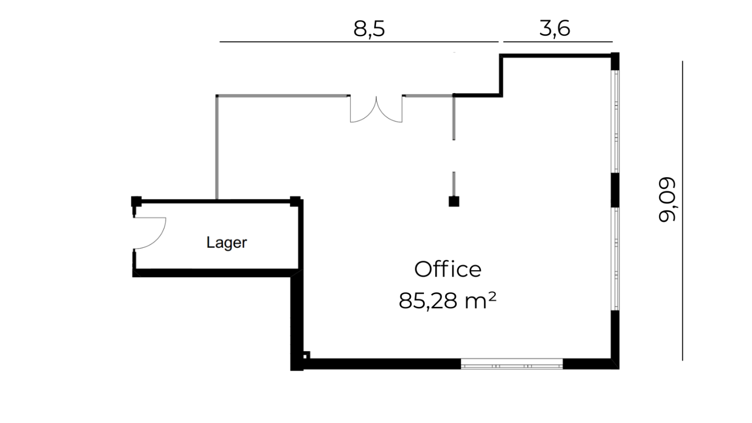 Grundriss einer Open-Space-Bürofläche mit großzügigem Arbeitsbereich und zusätzlichem kleinem Lagerraum.