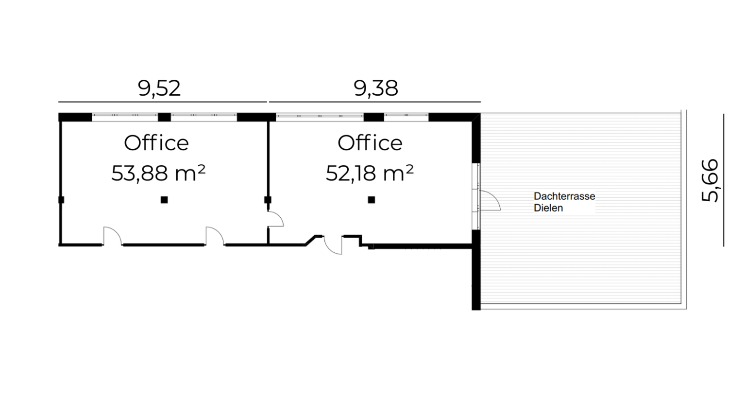 Grundriss einer Büroeinheit mit zwei hellen Räumen und privater Dachterrasse als zusätzlichem Außenbereich.