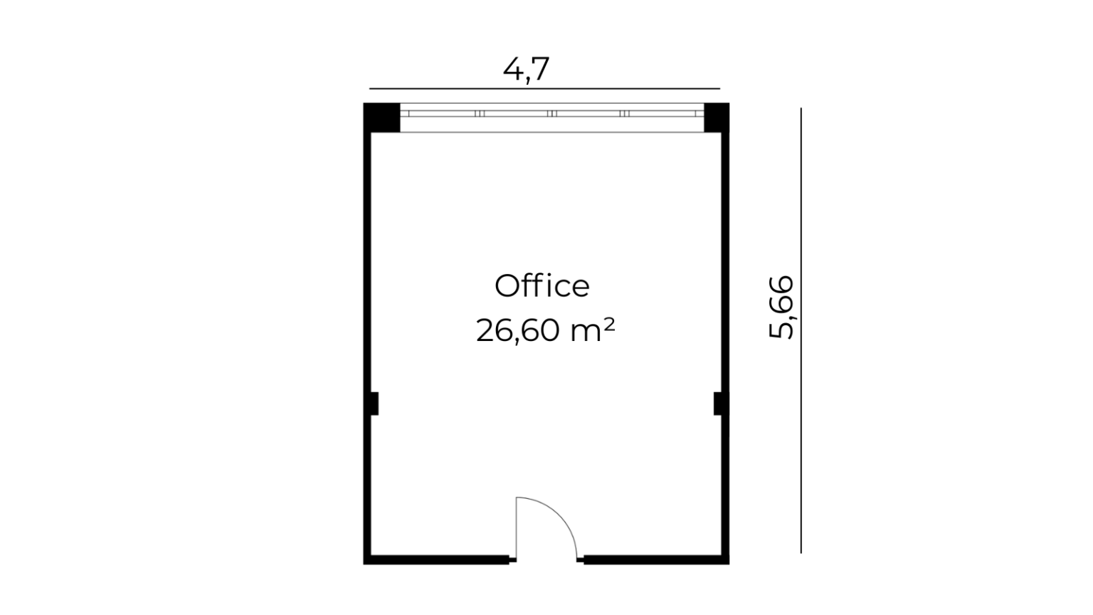 Grundriss einer kompakten Bürofläche mit klarem Raumzuschnitt für Einzelpersonen oder kleine Teams.