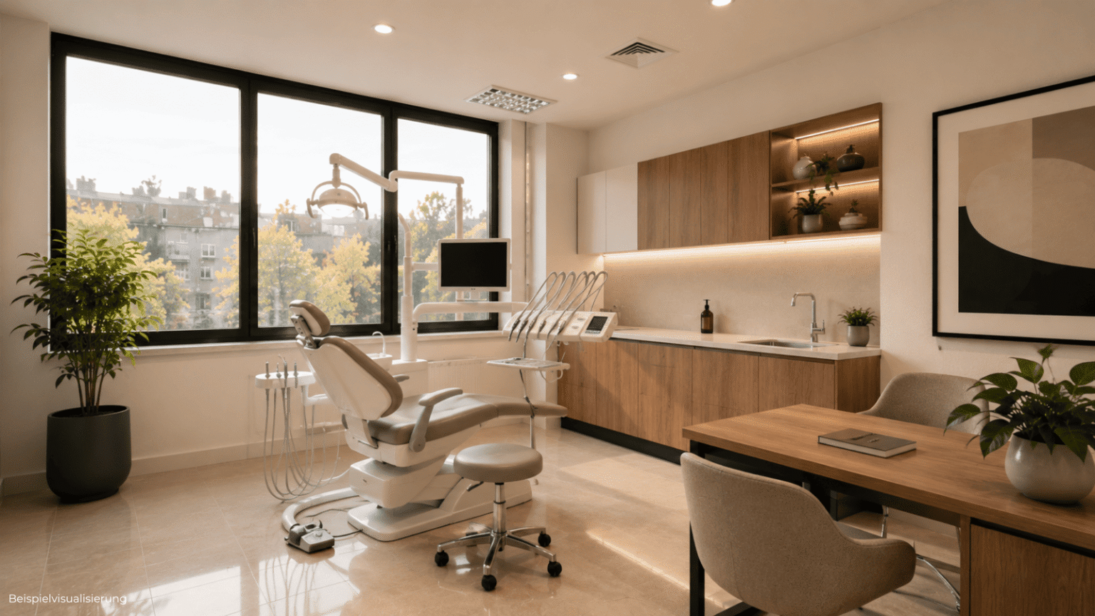 Visualisierung einer dermatologisch inspirierten Büro- und Praxisfläche mit klarer Raumstruktur.
