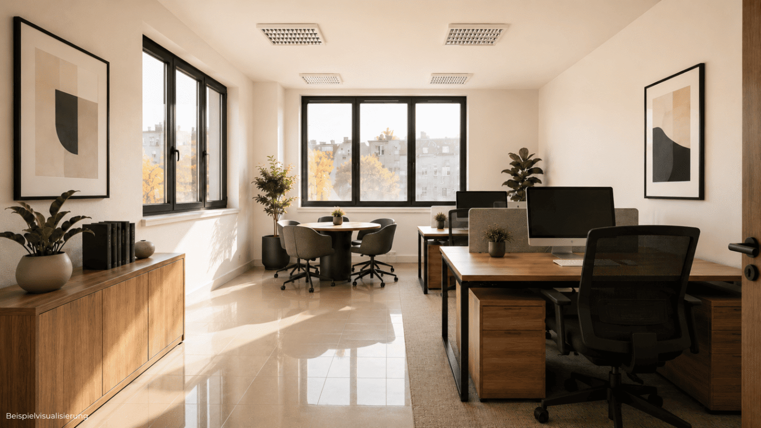 Kompaktes Einzelbüro in Berlin-Reinickendorf mit heller Atmosphäre und professioneller Arbeitsplatzgestaltung.