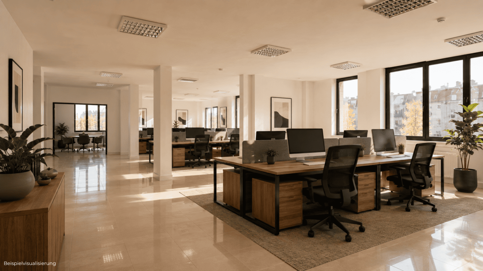 Visualisierung einer großzügigen Open-Space-Bürofläche in Berlin-Reinickendorf mit moderner Glasstruktur.