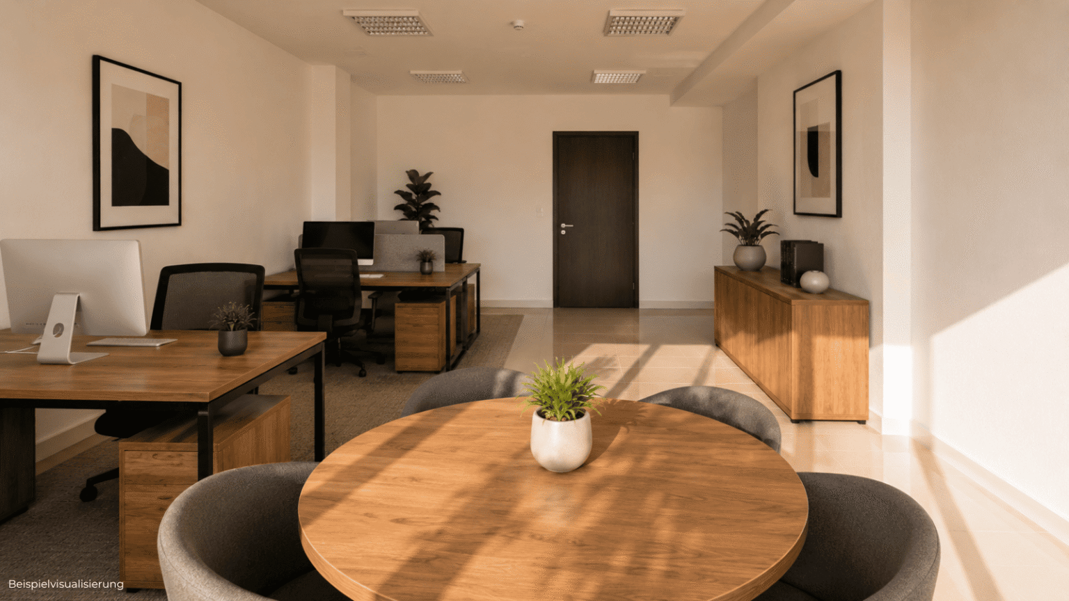 Visualisierung eines hellen Büros in Berlin-Reinickendorf für kleine Teams und konzentriertes Arbeiten.