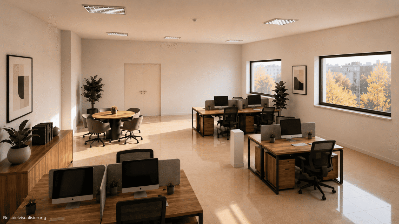 Visualisierung einer hellen Open-Space-Bürofläche in Berlin-Reinickendorf für wachsende Teams.