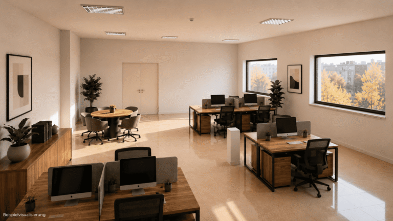 Visualisierung einer hellen Open-Space-Bürofläche in Berlin-Reinickendorf für wachsende Teams.