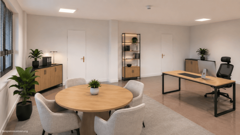 Visualisierung einer hellen Büroeinheit in Berlin-Reinickendorf mit zwei Räumen und privater Dachterrasse.