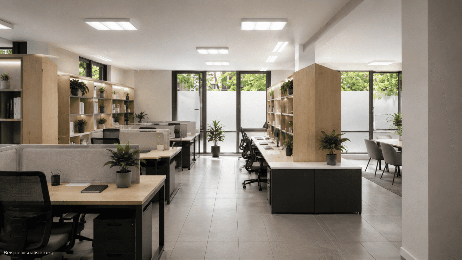 Innenraum-Rendering einer großen Büroeinheit mit Open-Space-Zonen, ruhiger Arbeitsatmosphäre und Terrassenzugang.