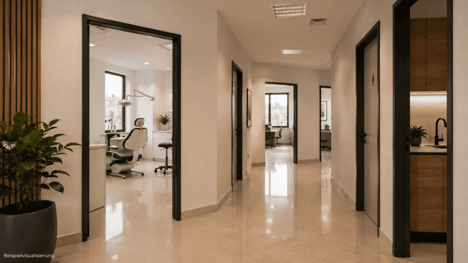 Visualisierung einer praxisgeeigneten Bürofläche in Berlin-Reinickendorf mit Behandlungsraum und ruhiger Atmosphäre.