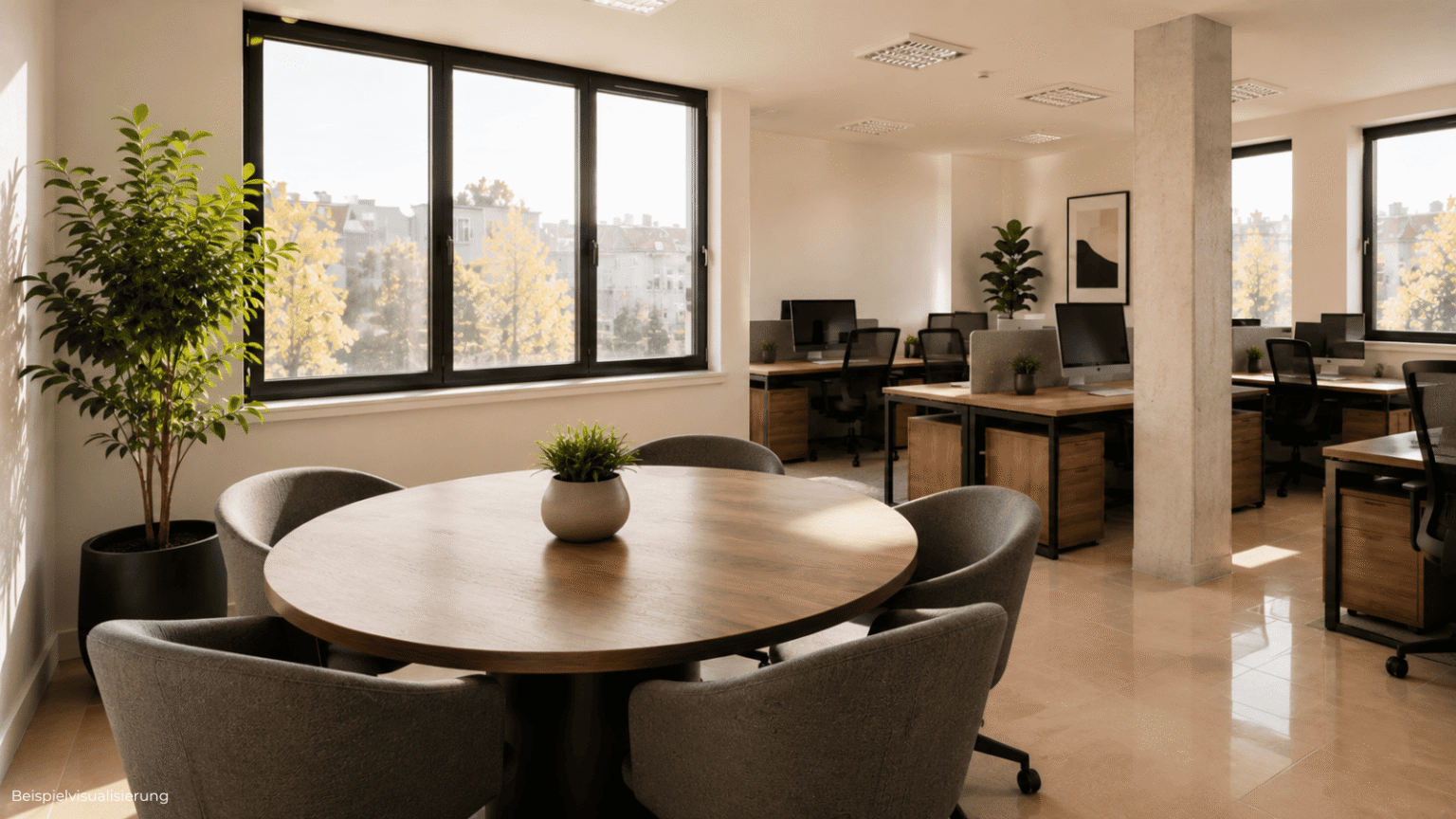 Visualisierung einer modernen Bürofläche für größere Teams mit ruhiger Atmosphäre und flexibler Nutzung.