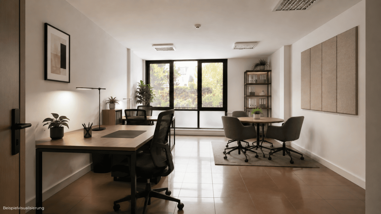 Visualisierung einer kleinen Bürofläche mit freundlicher Atmosphäre und effizient nutzbarem Arbeitsbereich.