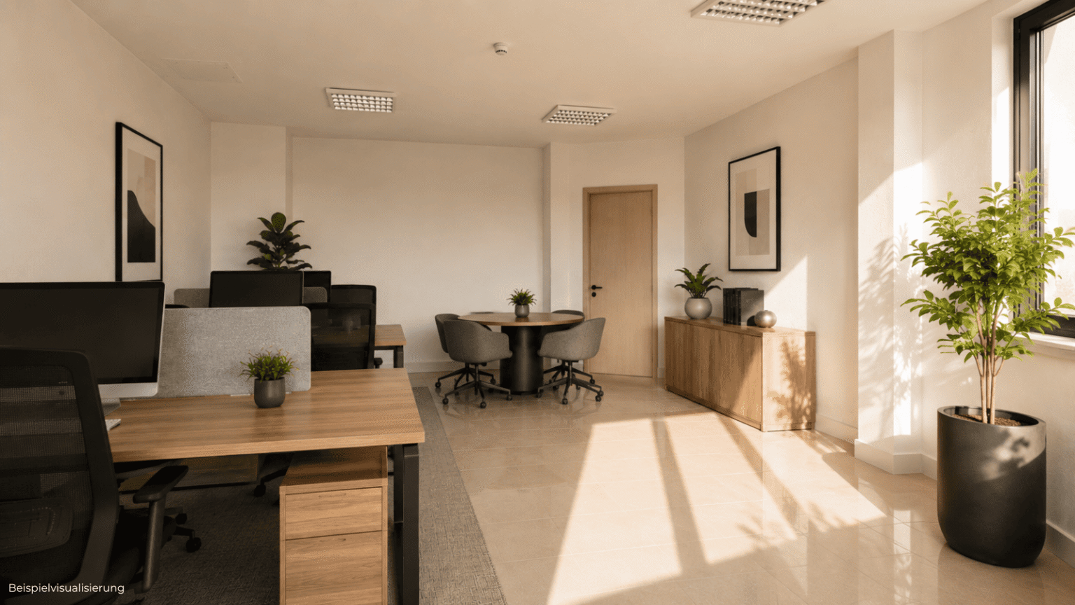 Visualisierung einer kleinen Bürofläche mit freundlichem Raumgefühl und funktionaler Arbeitsplatzgestaltung.