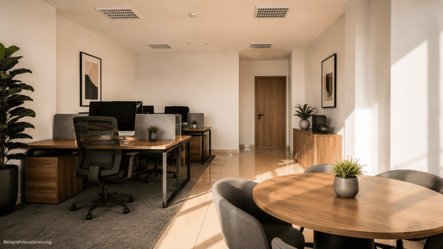 Visualisierung einer kleinen Bürofläche mit funktionaler Arbeitsplatzgestaltung und ruhigem Raumgefühl.