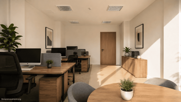 Visualisierung einer kompakten Bürofläche mit ruhiger Atmosphäre und professioneller Arbeitsplatzgestaltung.
