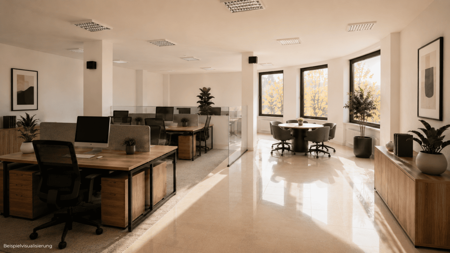 Modernes Teambüro mit flexibler Open-Space-Struktur, Rückzugsbereichen und professioneller Arbeitsumgebung.