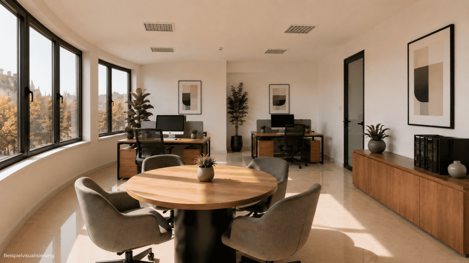 Innenraum-Rendering einer kompakten Bürofläche mit breitem Raumgefühl und flexibler Nutzung.