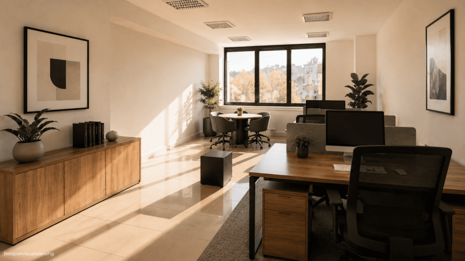 Innenraum-Rendering einer kompakten Bürofläche mit funktionalem Schnitt und ruhiger Arbeitsatmosphäre.