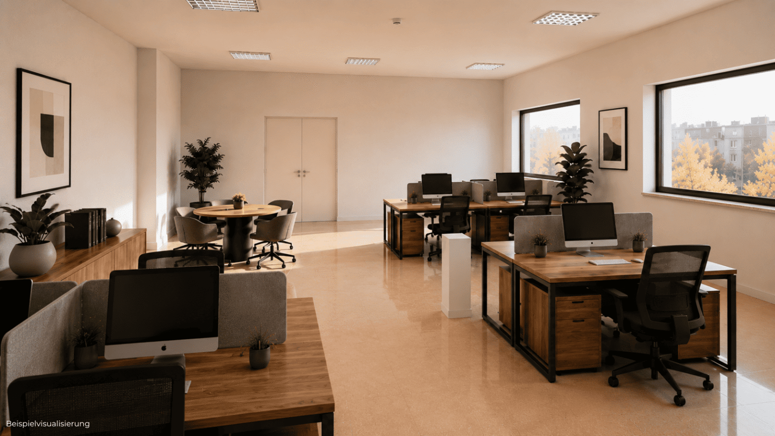 Innenraum-Rendering eines großzügigen Teambüros mit offenem Arbeitsbereich und moderner Atmosphäre.