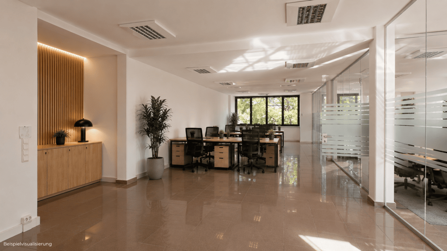 Innenraum-Rendering einer großen Bürofläche mit flexibler Nutzung für mehrere Arbeitsplätze.