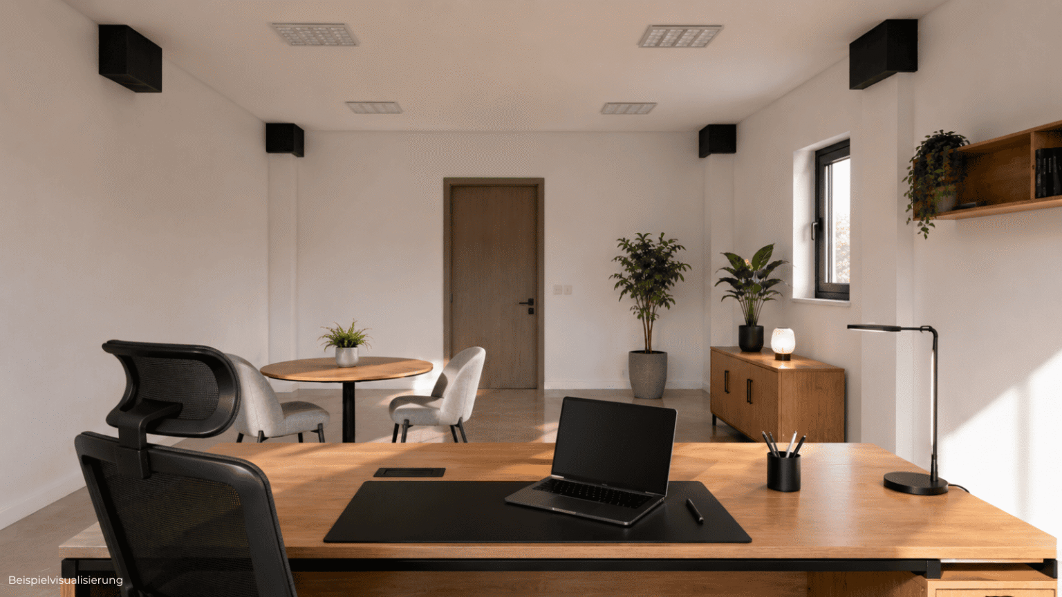 Innenraum-Rendering einer kompakten Bürofläche mit klarer Raumstruktur und moderner Arbeitsatmosphäre.