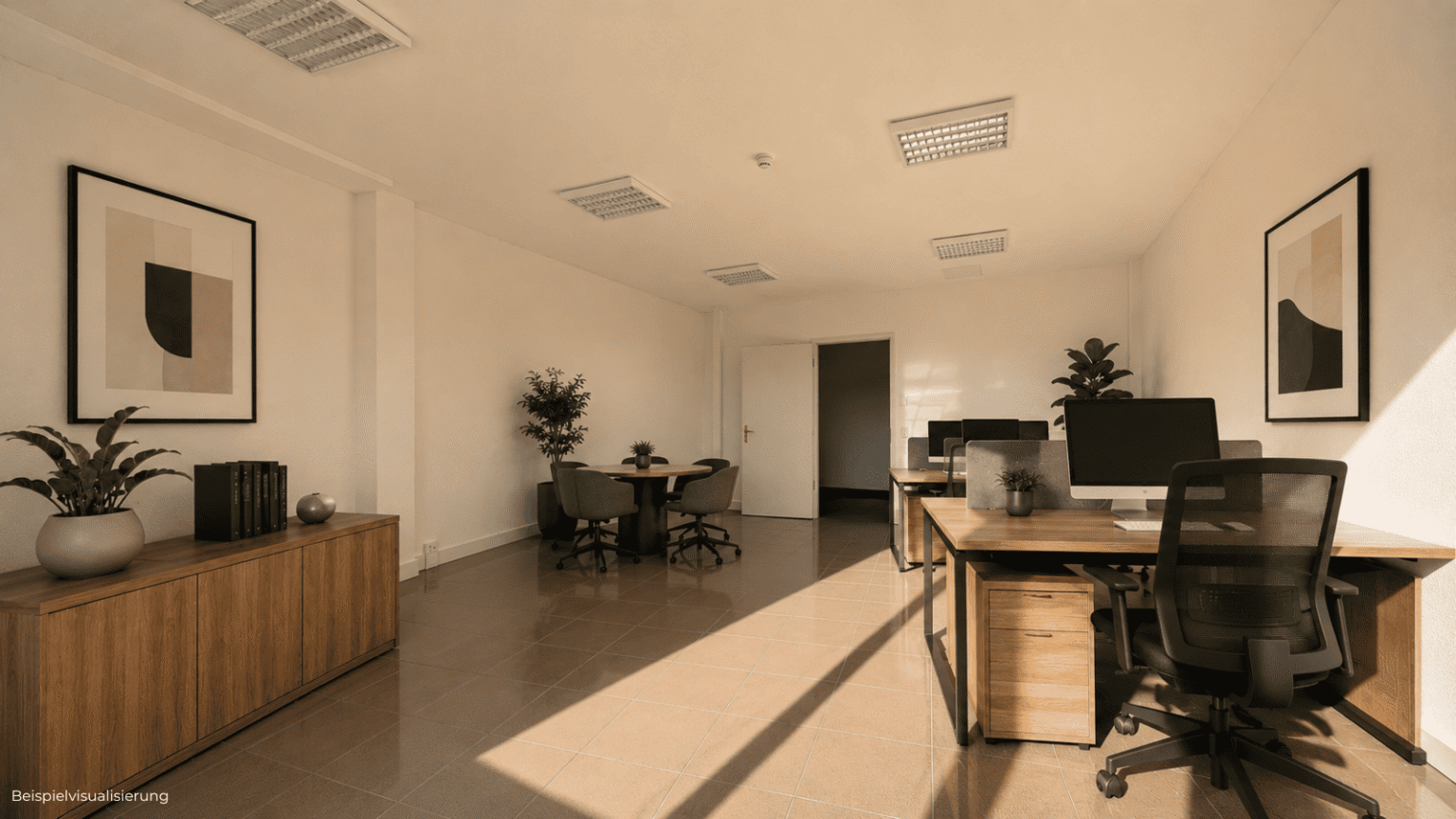 Innenraum-Rendering einer kleinen Bürofläche mit heller Atmosphäre und funktionaler Nutzung.