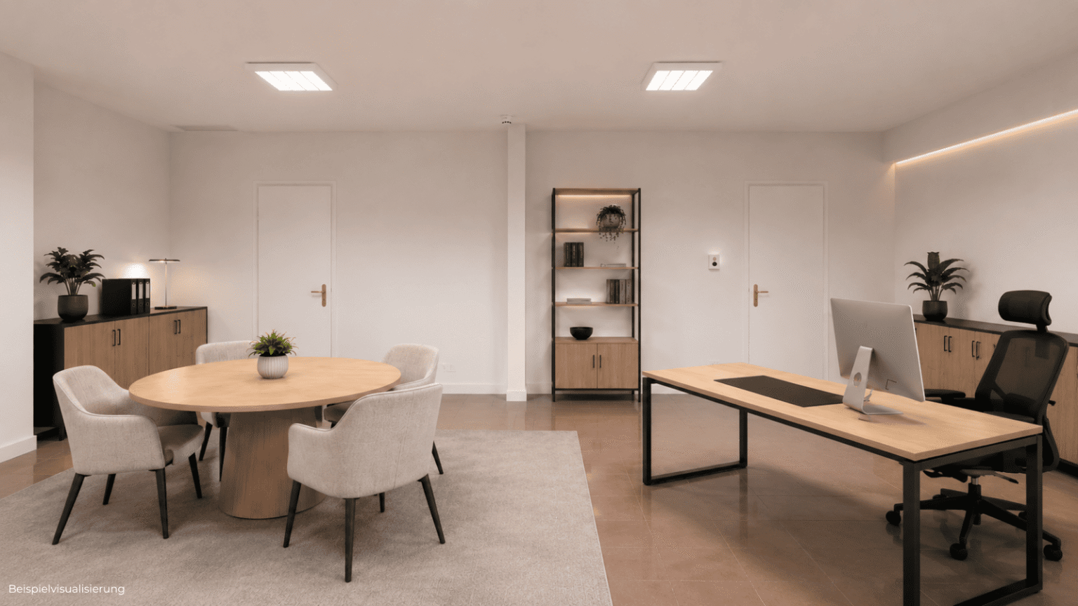 Innenraum-Rendering einer modernen Bürofläche mit separaten Arbeitsräumen und hochwertiger Atmosphäre.