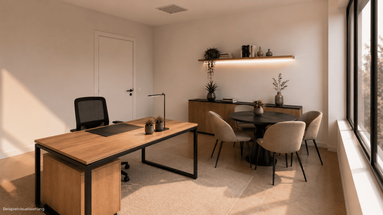 Innenraum-Rendering einer kleinen Bürofläche mit funktionalem Schnitt und ruhiger Arbeitsatmosphäre.