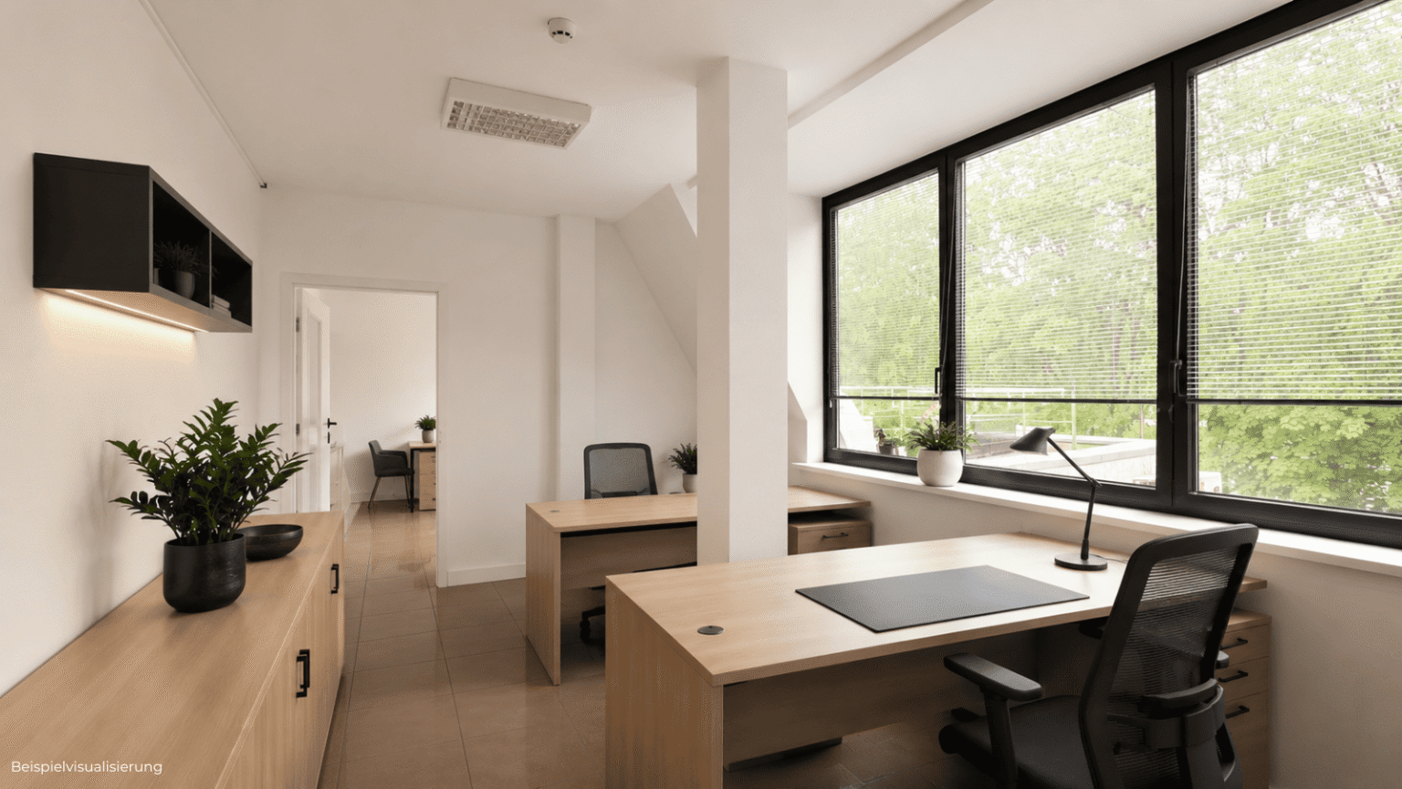 Innenraum-Rendering eines kleinen Büros mit separatem Arbeitsbereich und Zugang zu einem Außenbereich.