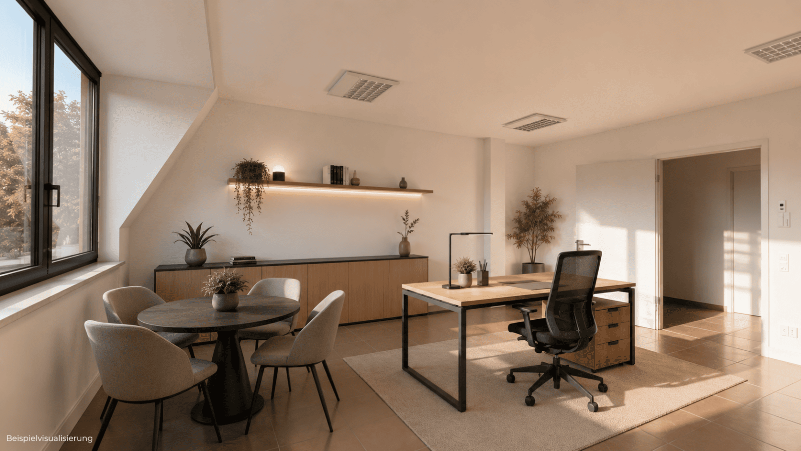 Innenraum-Rendering einer kleinen Bürofläche für Einzelpersonen oder kleine Teams.