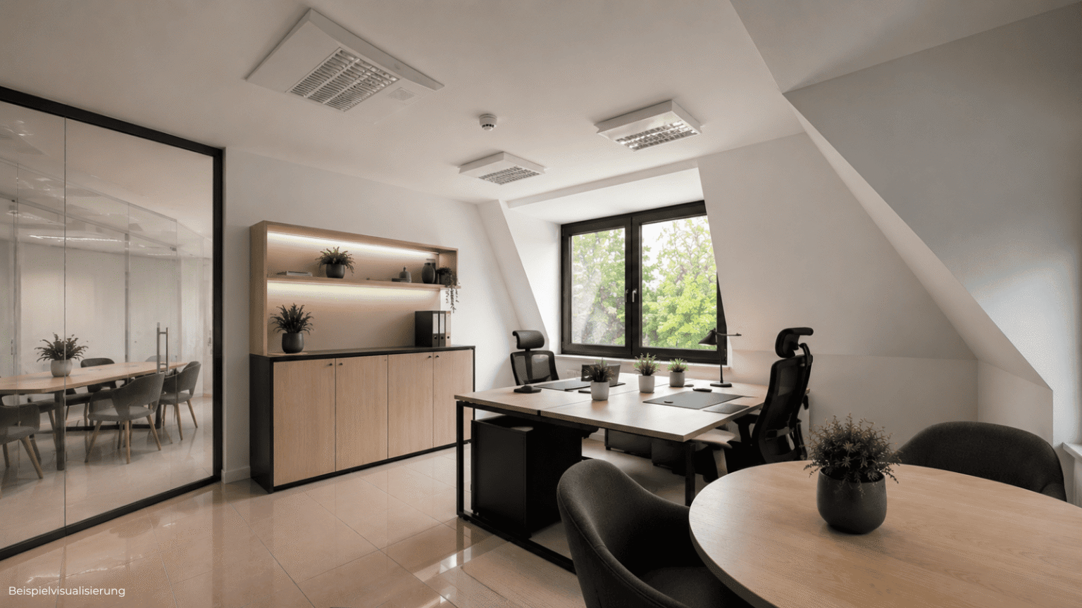 Innenraum-Rendering einer kleinen Bürofläche mit individueller Geometrie und heller Atmosphäre.