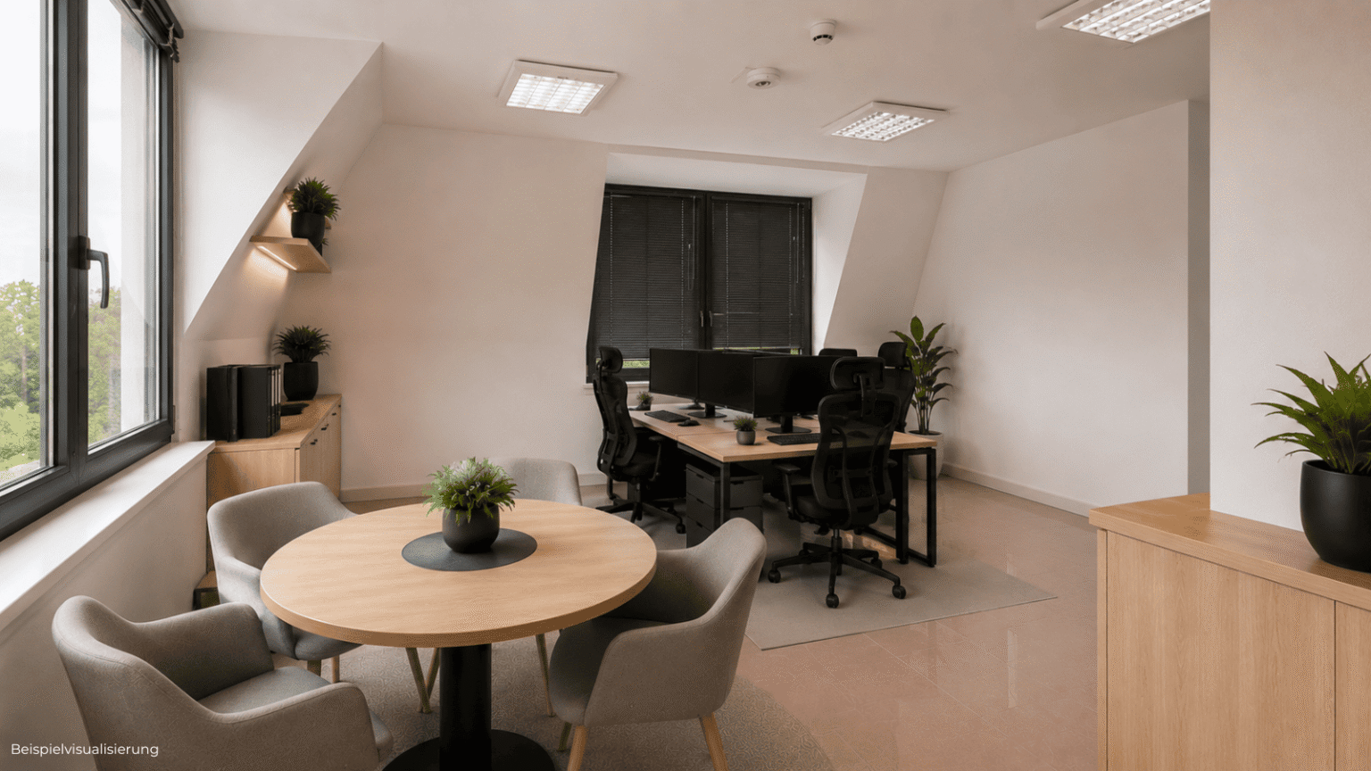 Innenraum-Rendering einer kleinen Bürofläche für konzentriertes Arbeiten oder Beratung.