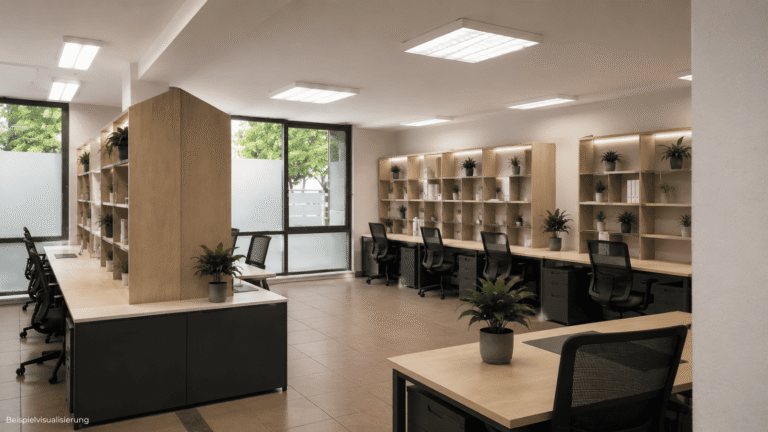 Rendering einer großzügigen Open-Space-Bürofläche in Berlin-Reinickendorf mit Arbeitsplätzen und heller Atmosphäre.