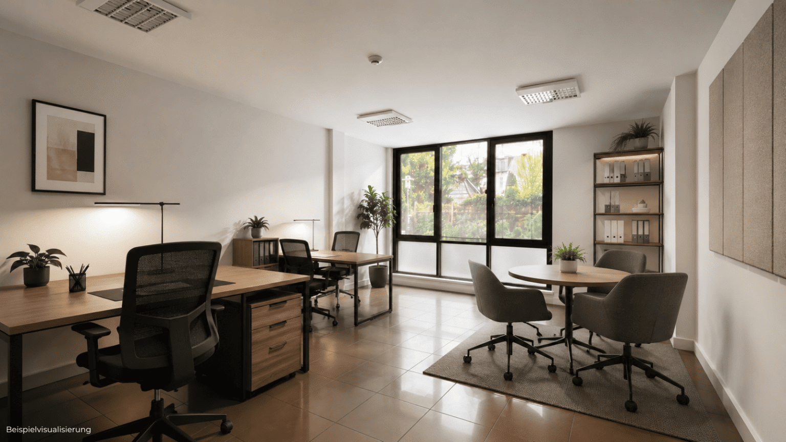 Modernes Büro für Start-ups oder kleine Unternehmen mit hellem Raumgefühl und ruhiger Arbeitsumgebung.