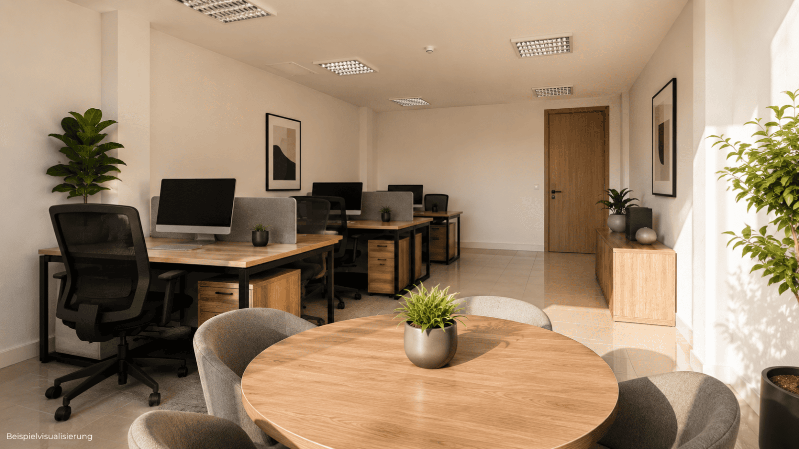 Kompaktes Büro mit hellem Raumgefühl, funktionaler Arbeitsplatzgestaltung und eigener Terrasse.