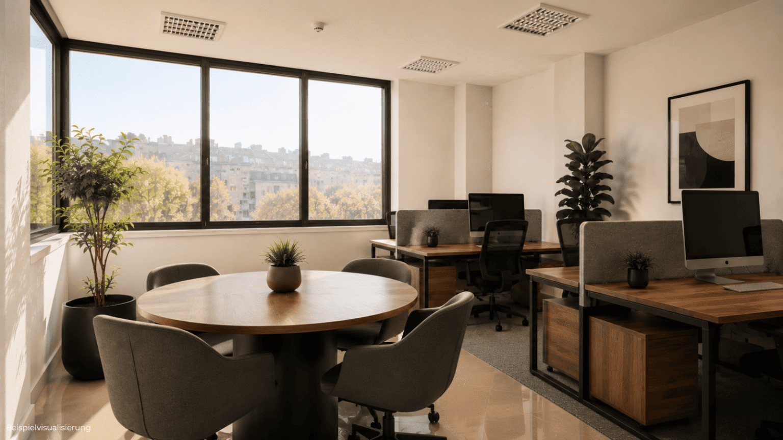Kleines Büro für Start-ups oder Einzelarbeit mit heller Atmosphäre und klarer Arbeitsplatzstruktur.