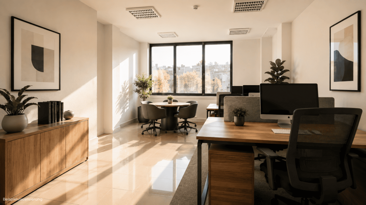 Kleines Büro für Solo-Unternehmer, Beratung oder administrative Tätigkeiten in heller Arbeitsumgebung.