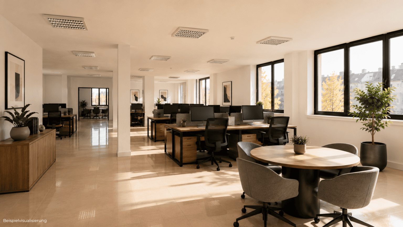 Moderne Bürovisualisierung eines repräsentativen Open Space für große Teams und IT-Unternehmen.