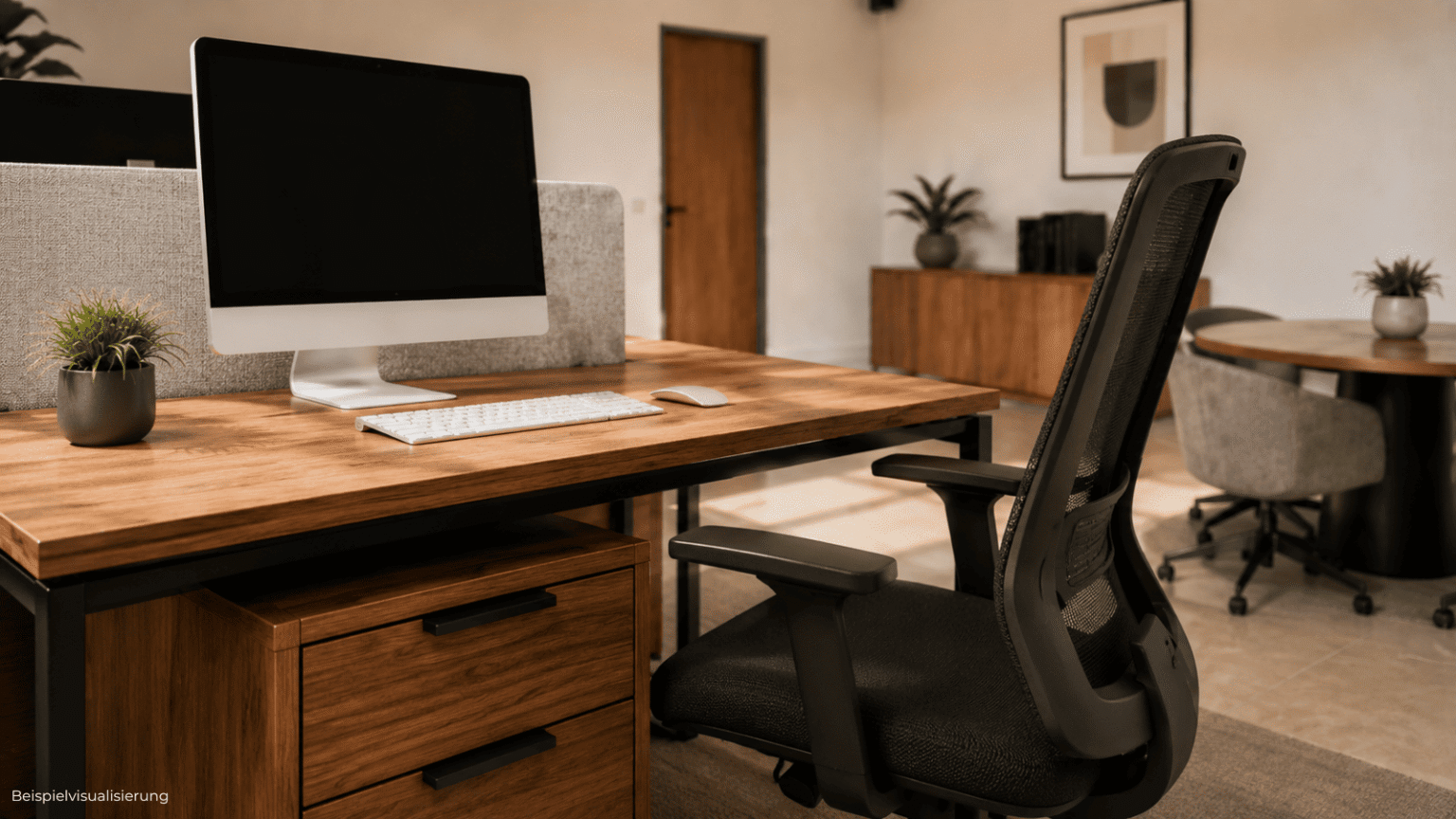 Moderne Bürovisualisierung eines funktionalen Arbeitsraums für konzentriertes Arbeiten.