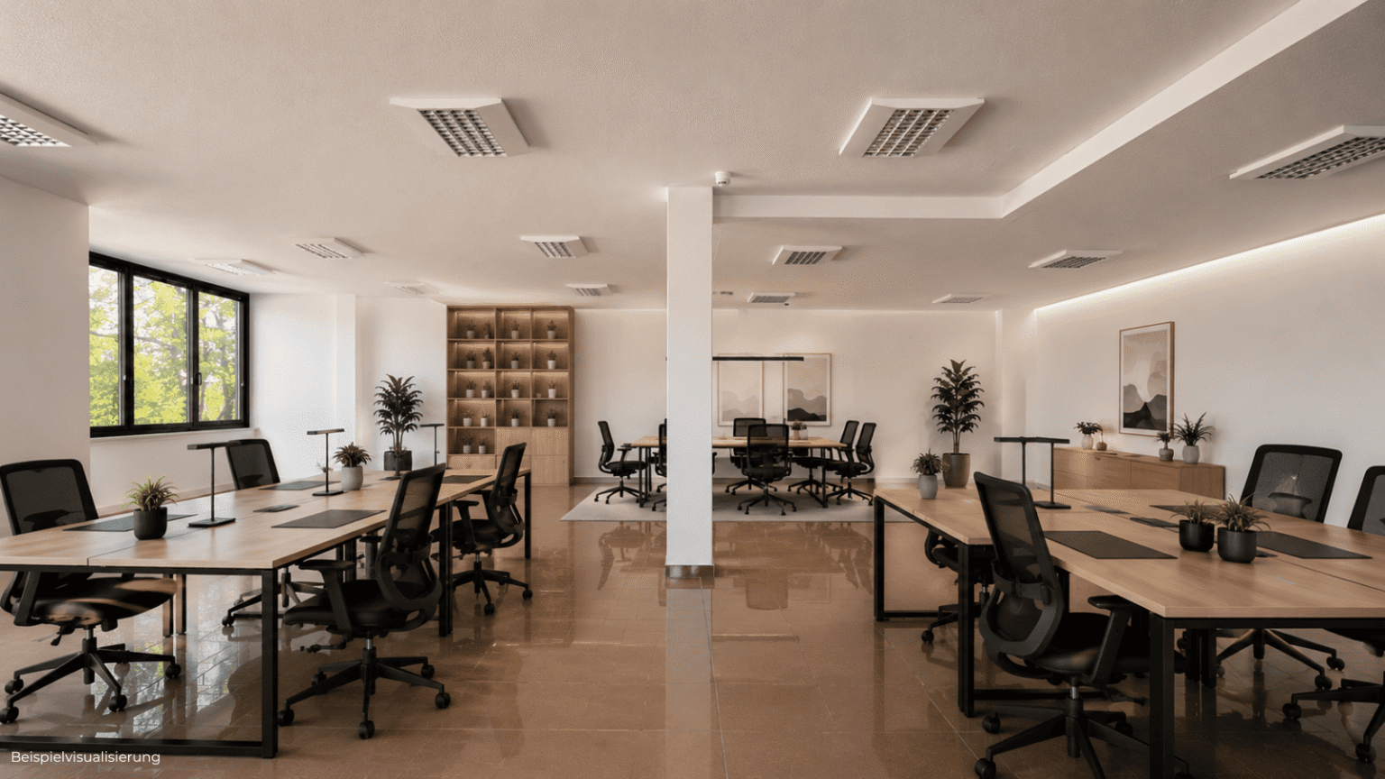 Moderne Bürovisualisierung für mittlere Teams mit Kombination aus Open Space und separaten Bereichen.