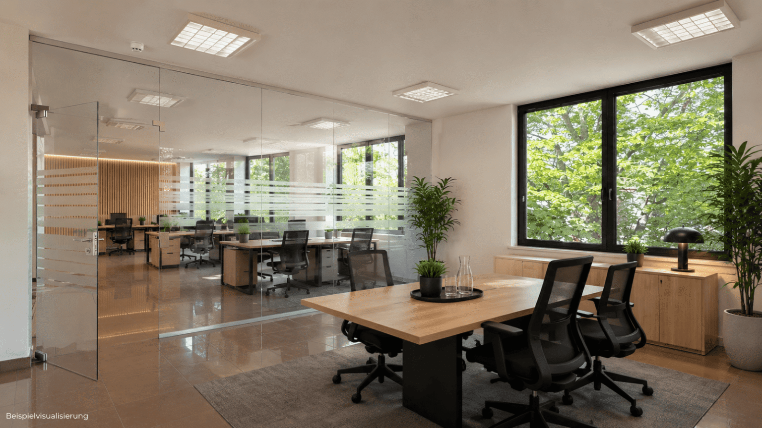 Moderne Bürovisualisierung eines funktionalen Arbeitsraums für Projektteams, Agenturen oder Verwaltung.