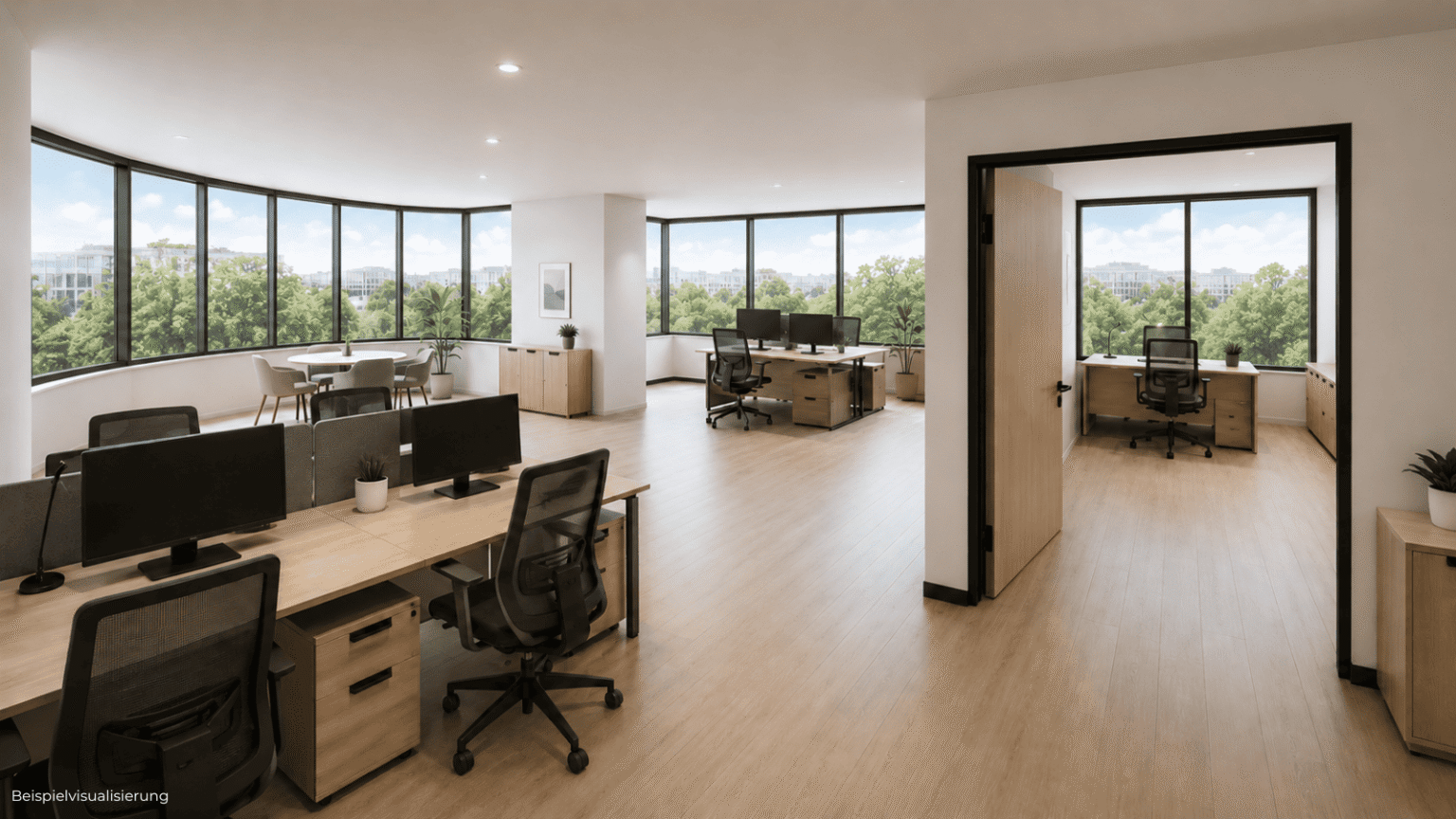 Moderne Bürovisualisierung mit separatem Arbeitsbereich für Teamarbeit, Beratung oder Verwaltung.