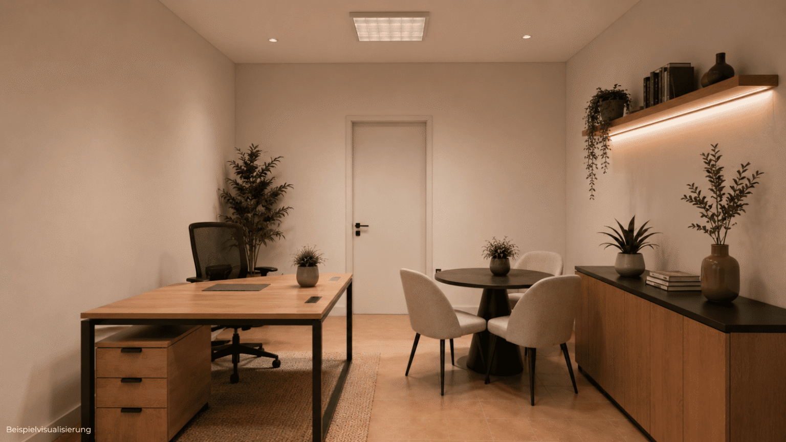 Moderne Bürovisualisierung einer praxisnah nutzbaren Einheit mit klar getrennten Arbeitsbereichen.