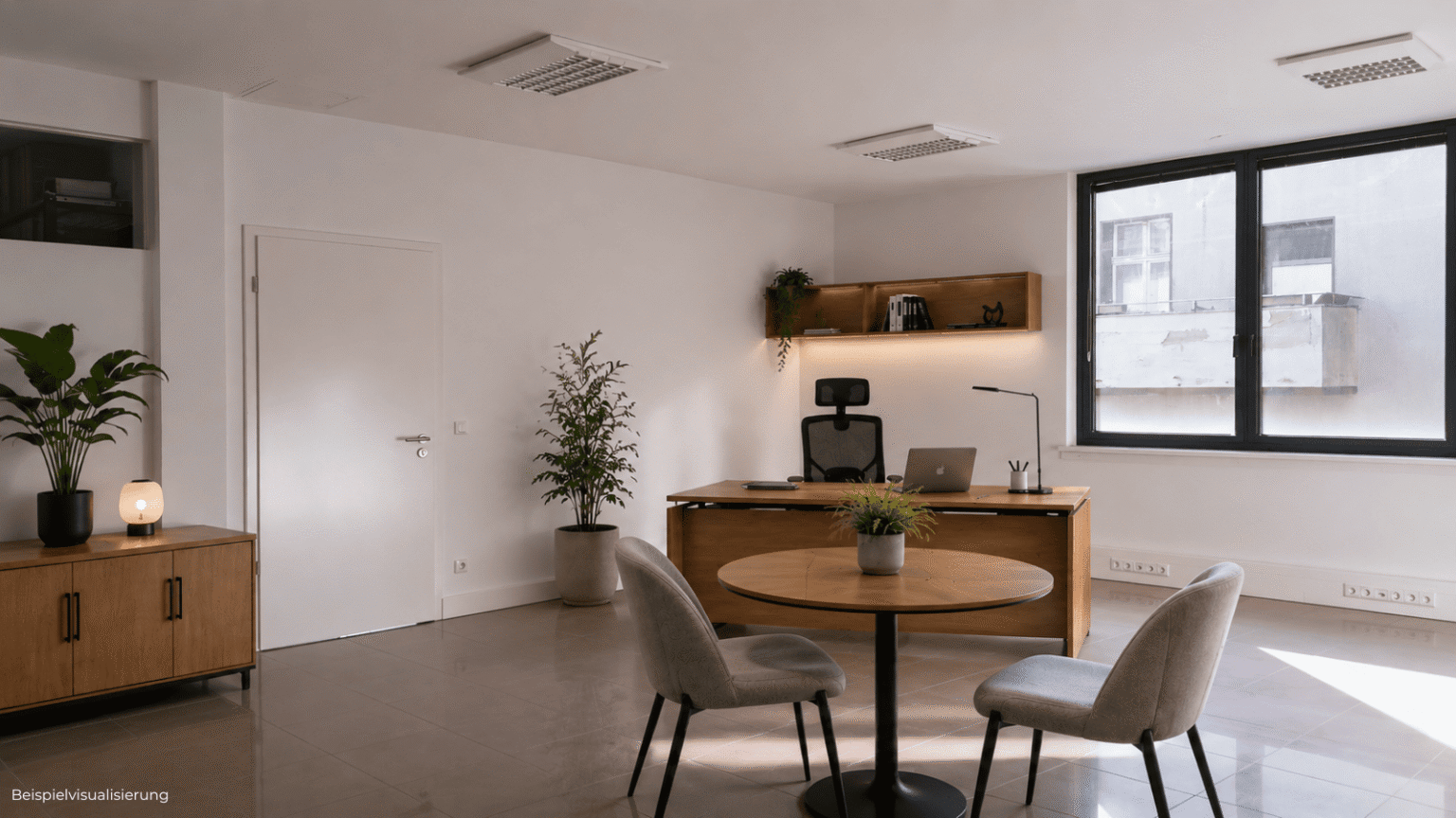 Moderne Bürovisualisierung mit separaten Büroräumen und angenehmer Arbeitsatmosphäre.