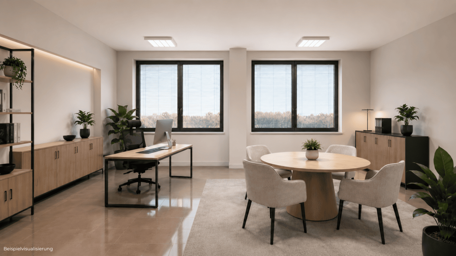 Bürovisualisierung einer attraktiven Einheit mit Dachterrasse für Teams, Meetings und kreative Zusammenarbeit.
