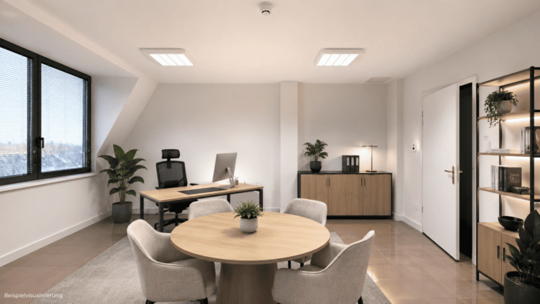 Moderne Bürovisualisierung eines funktionalen Arbeitsraums für Beratung, Verwaltung oder konzentriertes Arbeiten.