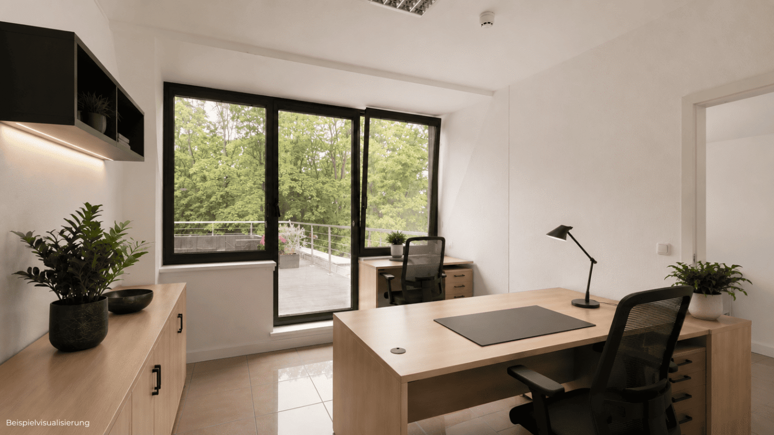 Moderne Bürovisualisierung einer besonderen Einheit mit großzügiger Dachterrasse für Pausen und Austausch.