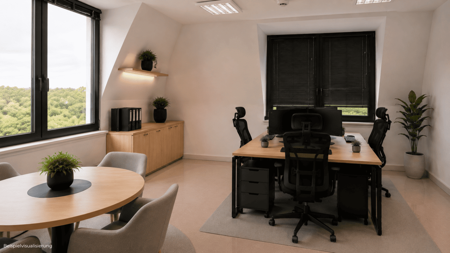Moderne Bürovisualisierung eines funktionalen Arbeitsraums für Einzelpersonen oder kleine Teams.